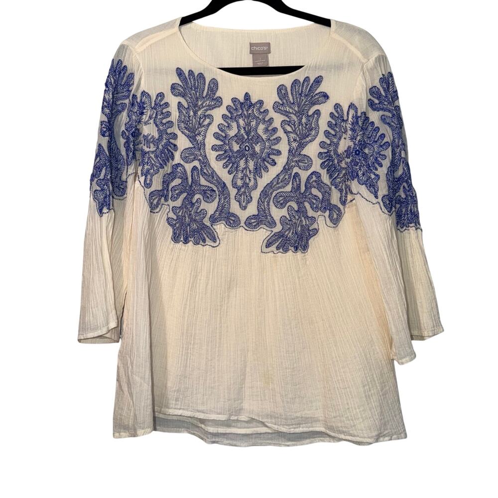 Chico's Embroidered Blue & White Boho Gauze Blouse - Size 1 (M)